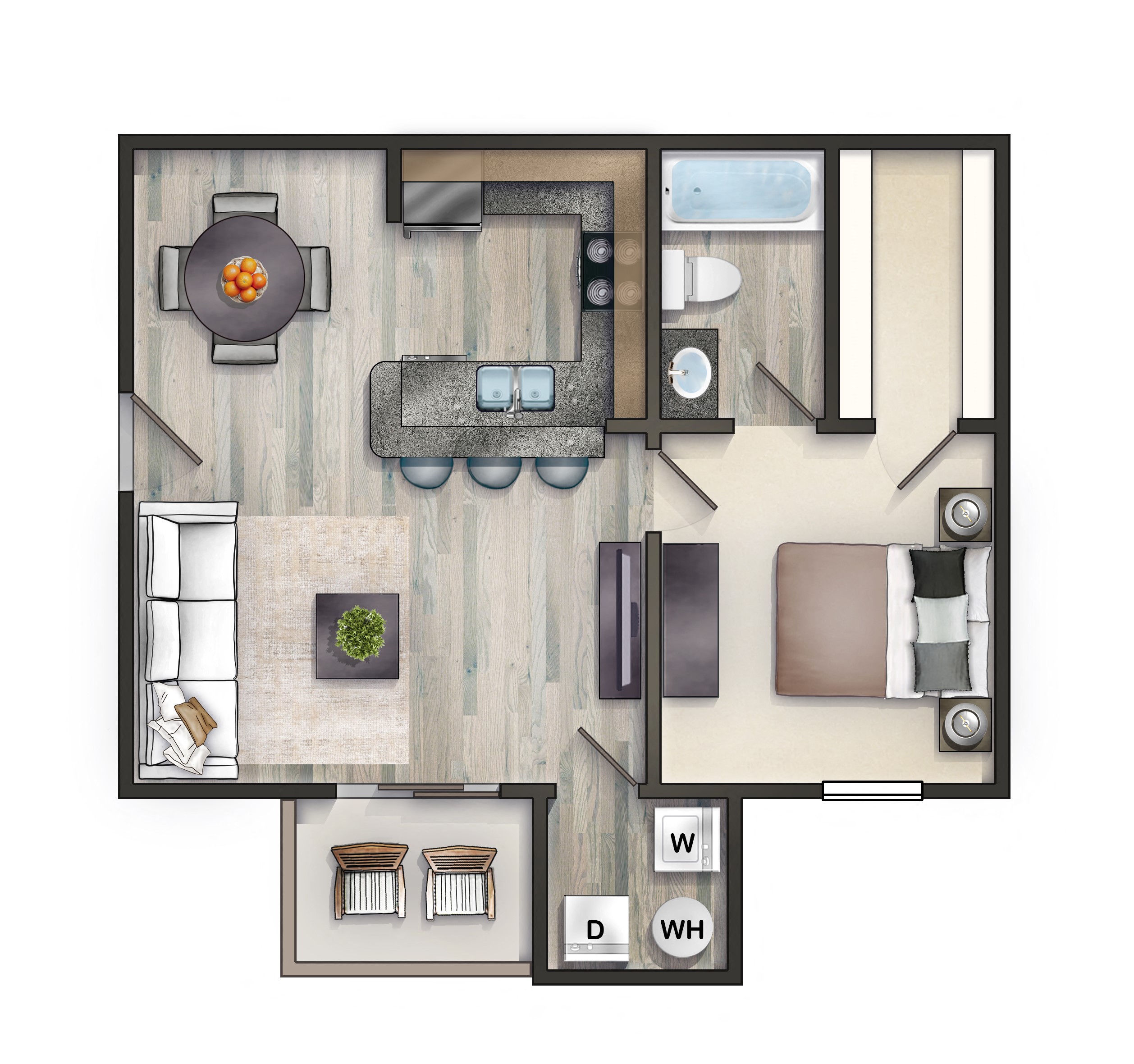 Floor plan for 1 bed, 1 bath, 600 sqft